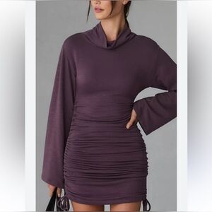 Anthropologie Daily Practice Ruched Mini Dress Long Sleeve Cowl Neck Purple XS